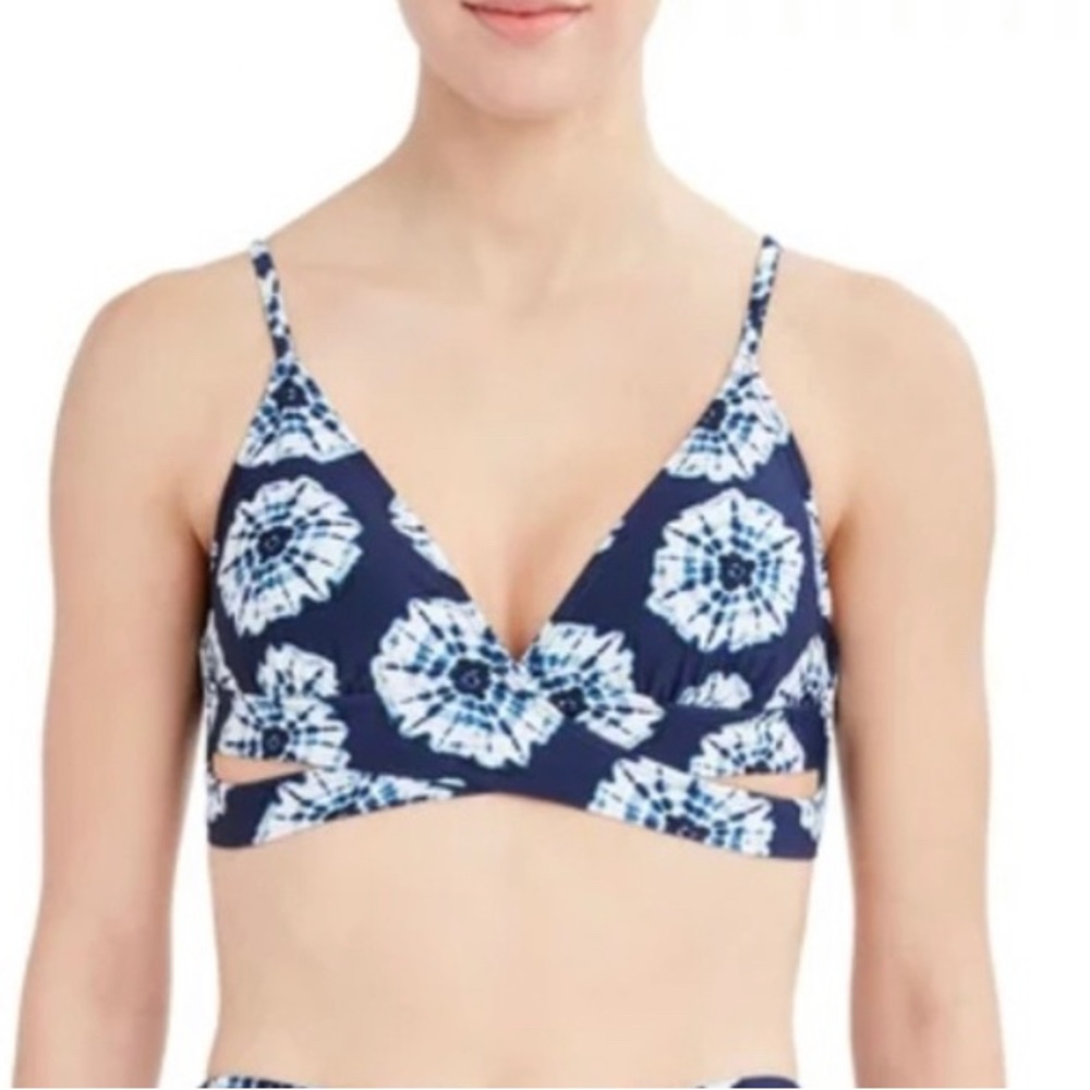 BCBG/Paris Navy Blue Tie Dye Wrap PillOn Bikini Top Adjustable Straps Large